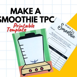 Puede incluir: Una plantilla de receta de batido imprimible con una ilustración de licuadora de dibujos animados. La plantilla incluye una tabla para enumerar los ingredientes, el lugar y la fecha.
