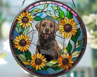 Personalized Floral Pet Portrait Stained Glass Suncatcher, Custom Dog Portrait from Photo, Pet Memorial Gift, Pet Lover Gift, Pet Loss Gift
