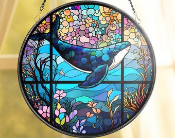 Whale Stained Glass Whale SunCatcher Ocean Art Light Catcher Window Hanging Home Decoration Gifts for Ocean Lover Sea Life Decor Beach