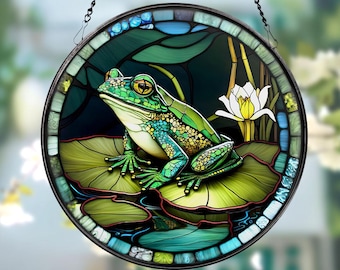 Green Frog Round Stained Glass SunCatcher, Frog Window Hanging Wall Decor, Home Decoration Gift, Gift for Nature Lovers, Frog Ornaments