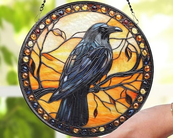 Black Raven Stained Glass Suncatcher, Gothic Crow Window Hanging, Housewarming Gift, Bird Lover Gift, Indoor Decor, Gothic Xmas Gift