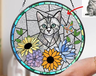 Personalized Floral Pet Portrait Stained Glass Suncatcher, Custom Dog Portrait from Photo, Pet Memorial Gift, Pet Lover Gift, Pet Loss Gift