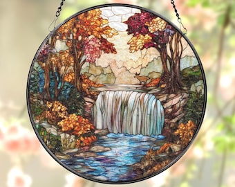Autumn Waterfall Stained Glass Suncatcher, Scenic Fall Window Hanging, Colorful Nature Panel, Peaceful Forest Glass Art for Home Decor