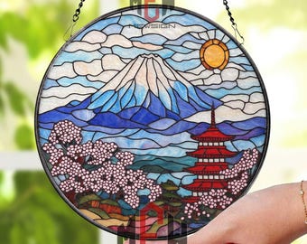 Mount Fuji Stained Glass Suncatcher, Japanese Pagoda Glass Art