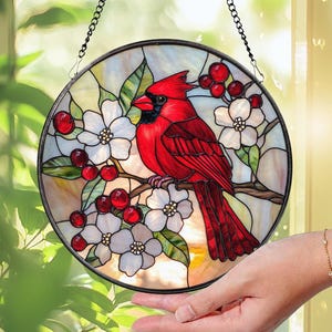 Red Cardinal Stained Glass Suncatcher, Cardinal Window Hanging, Red Bird Decor, Cardinal Memorial Gift, Bird Lover Gift, Window Art