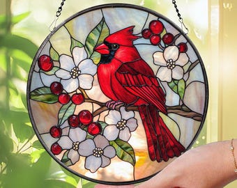 Red Cardinal Stained Glass Suncatcher, Cardinal Window Hanging, Red Bird Decor, Cardinal Memorial Gift, Bird Lover Gift, Window Art