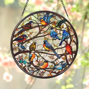Birds Stained Glass Window Hangings, Hummingbird Suncatcher Stained Glass, Birds Ornaments, Glass Bird Decor for Home, Gift for Mom