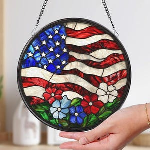 American Flag Stained Glass Suncatcher for Windows, Patriotic Home Decor, Rustic USA Style, Gift for Veterans, Fourth of July Decoration