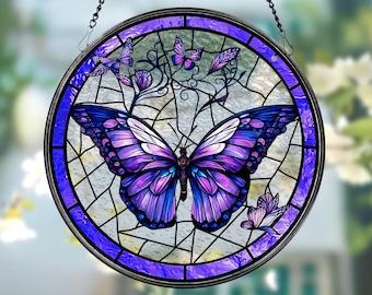 Purple Butterfly Stained Glass SunCatcher Butterfly Light Catcher Window Hanging Butterfly with Flowers Garden Decor,  Mother&#39;s Day Gift