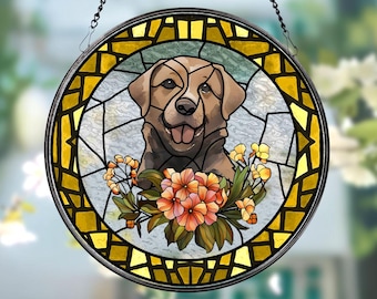 Personalized Floral Pet Portrait Stained Glass Suncatcher, Custom Dog Portrait from Photo, Pet Memorial Gift, Pet Lover Gift, Pet Loss Gift