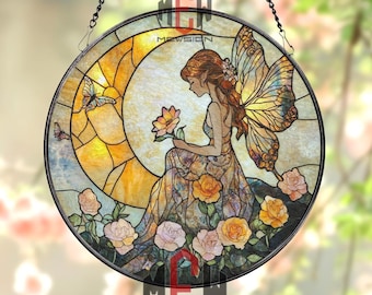 Fairy Stained Glass Suncatcher, Butterfly Wing Fairy Window Panel