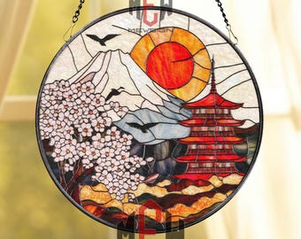 Japanese Landscape Stained Glass Suncatcher, Mount Fuji Window