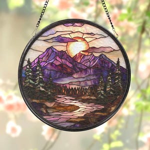 Mountain Sunset Stained Glass Suncatcher, Scenic Window Hanging Decor, Nature-Inspired Glass Art, Forest Landscape Gift, Rustic Home Accent