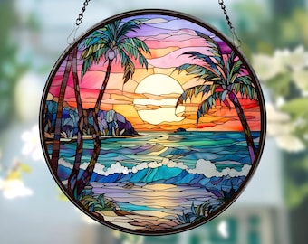 Beach Sunset Stained Glass Suncatcher, Beach Window Hangings, Beach Lover Decor, Beach Sunrise Suncatcher, Beach Glass Ornament,Tropical Art