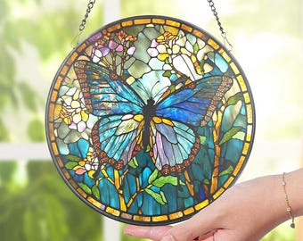 Butterfly Stained Glass SunCatcher Butterfly Light Catcher Window Hanging Home Decor Butterfly with Flowers Garden Decor