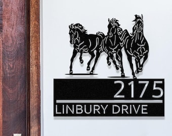 Custom Horse Address Sign,Personalized Metal Ranch Address Sign with Horse Silhouette, Barn Sign, Farmhouse Decor, Outdoor House Number Sign
