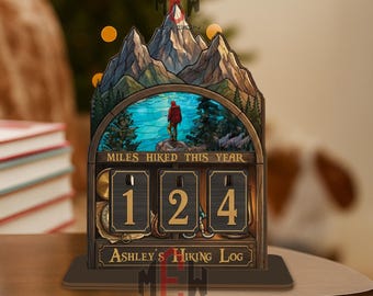 Custom Hiking Log Sign, Miles Hiked Tracker, Personalized Outdoor Adventure Decor, Hiker Gift for Nature Lovers, Rustic Mountain Number Sign
