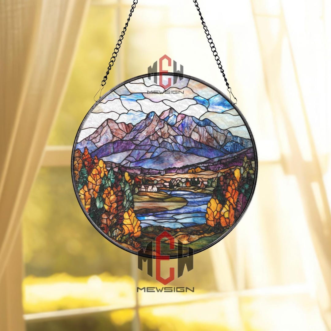 Mountain Landscape Stained Glass Suncatcher, Autumn Forest Scene Window ...