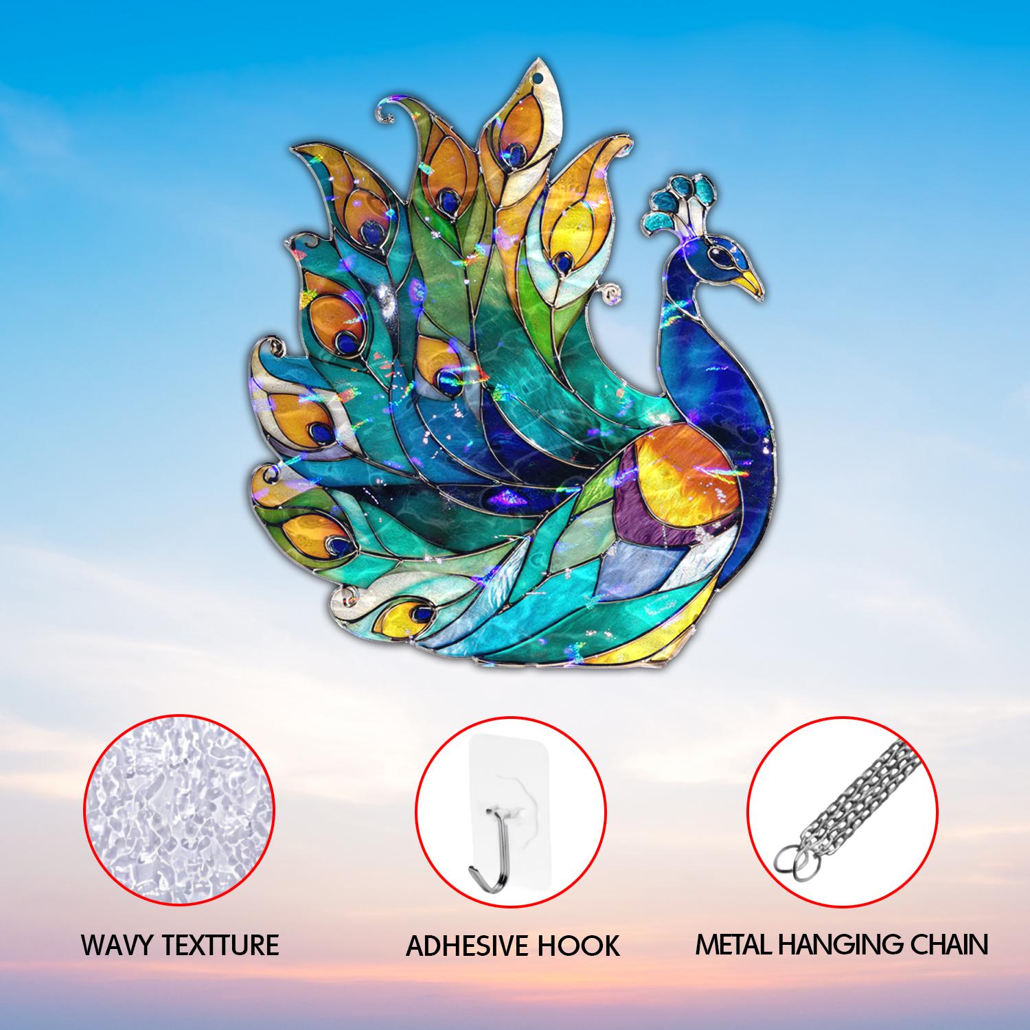 Suspension Suncatcher Paon En Vitrail 16.5x16.5cm - Attrape-Soleil Avec Chaîne Métal, Décoration Fenêtre Et Murale