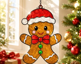Gingerbread Santa Acrylic Suncatcher, Christmas Window Hanging Ornament, Stained Glass Style Xmas Decor, Holiday Gift for Home Wall Art Xmas