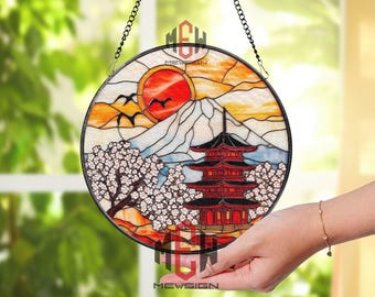 Mount Fuji Japanese Temple Suncatcher, Cherry Blossom Stained