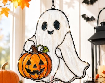 Halloween Ghost Pumpkin Acrylic Suncatcher, Stained Glass Style Window Hanging Decor, Cute Spooky Fall Gift, Halloween Home Decor