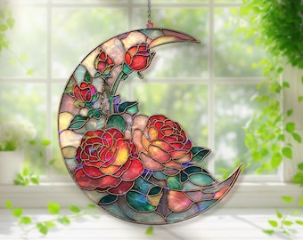 Crescent Moon Rose Acrylic Suncatcher, Stained Glass Style Floral Window Hanging, Red Flower Home Decor Gift for Nature Lovers