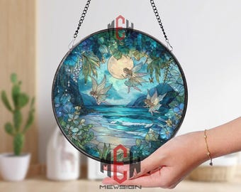 Moonlit Fairy Beach Stained Glass Suncatcher, Round Fantasy Ocean Window Panel, Whimsical Night Garden Decor for Fairy Lovers