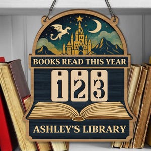 Tracker voor boeken die dit jaar worden gelezen – Houten bord bibliotheekkasteel en draken, fantasieboekenteller, gepersonaliseerd cadeau voor lezers, boekenliefhebber cadeau