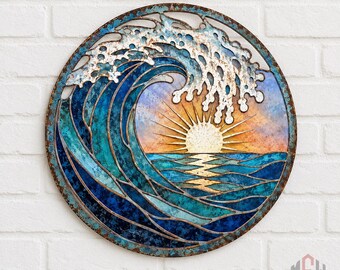 Ocean Wave Metal Wall Art, Coastal Beach House Decor, Patina Sunset Wall Sign, Nautical Sea Wave Art, Beach Lover Gift, Sunrise Home Decor
