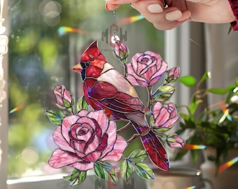 Cardinal Rose Acrylic Suncatcher, Red Bird Window Hanging, Pink Rose Floral Decor, Nature Lover Gift