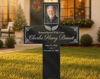 Personalized Memorial Cross Metal Sign, Remembered With Love Grave Marker, Personalized Photo Grave Marker, Cross Grave Marker With Photo