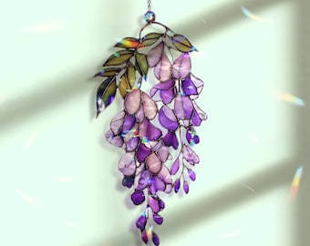 Ornamento acchiappasole ondulato in acrilico con glicine, pannello per finestra effetto vetro colorato con fiori viola pendenti, elegante decorazione floreale primaverile per la casa.