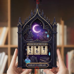 Tracker voor boeken die dit jaar worden gelezen – Grimoire-bibliotheekbord, gotische magische leesteller, gepersonaliseerd tovenaarsdecor, cadeau fantasieboekliefhebber