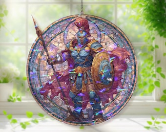 Archangel Acrylic Suncatcher, Stained Glass Style Angel with Sword and Shield, Guardian Angel Window Hanging, Spiritual Home Decor