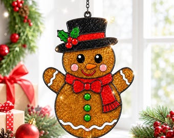Gingerbread Snowman Acrylic Suncatcher, Christmas Window Hanging Ornament, Stained Glass Style Xmas Decor, Holiday Gift for Home Wall Art