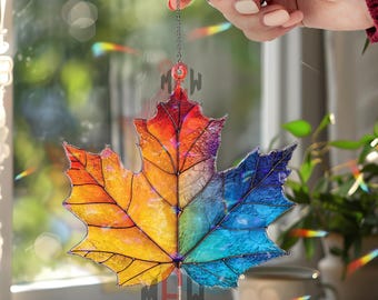 Acrylic Maple Leaf Suncatcher, Rainbow Stained Glass Style Fall Window Hanging, Colorful Leaf Ornament, Autumn Nature Acrylic Decor