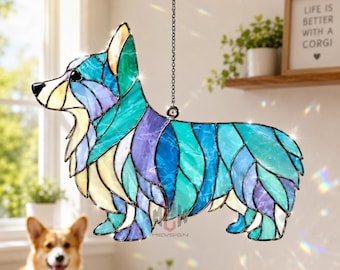 Corgi Stained Glass Suncatcher, Welsh Corgi Dog Window Hanging, Blue Dog Sun Catcher, Dog Lover Gift, Pet Decor Art