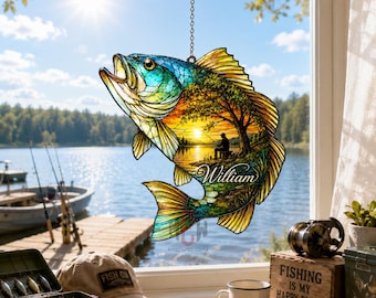 Personalized Bass Fish Acrylic Suncatcher, Fisherman Sunset Lake Scene Window Hanging, Fishing Gift, Lake Cabin Decor, Nature Lover Art