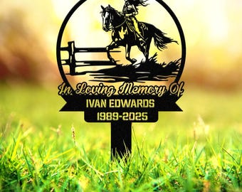 Cowboy Rider Memorial Metal Stake, Personalized Grave Marker Sign, Western Horse Tribute, Outdoor Cemetery Ranch Memorial Decor
