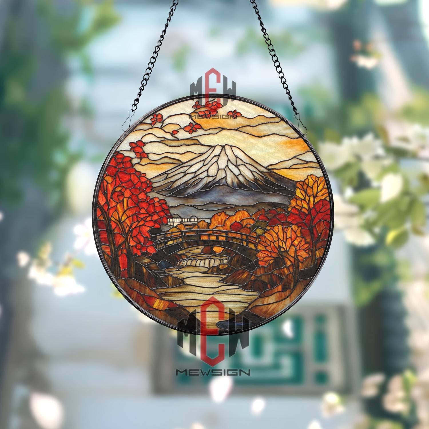 Mount Fuji Stained Glass Suncatcher, Japanese Autumn Landscape