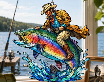 Cowboy Riding Rainbow Trout Acrylic Suncatcher, Fishing Club Window Hanging, Western Rodeo Graphic Decor, Father's Day Gift for Fishing Dad