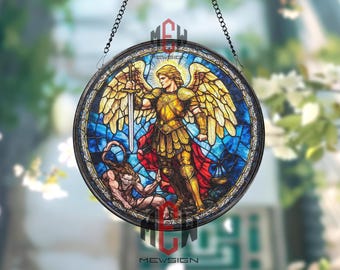 Archangel Michael Stained Glass Suncatcher, Round Angel Warrior Window Panel with Sword, Spiritual Gothic Glass Art Home Decor