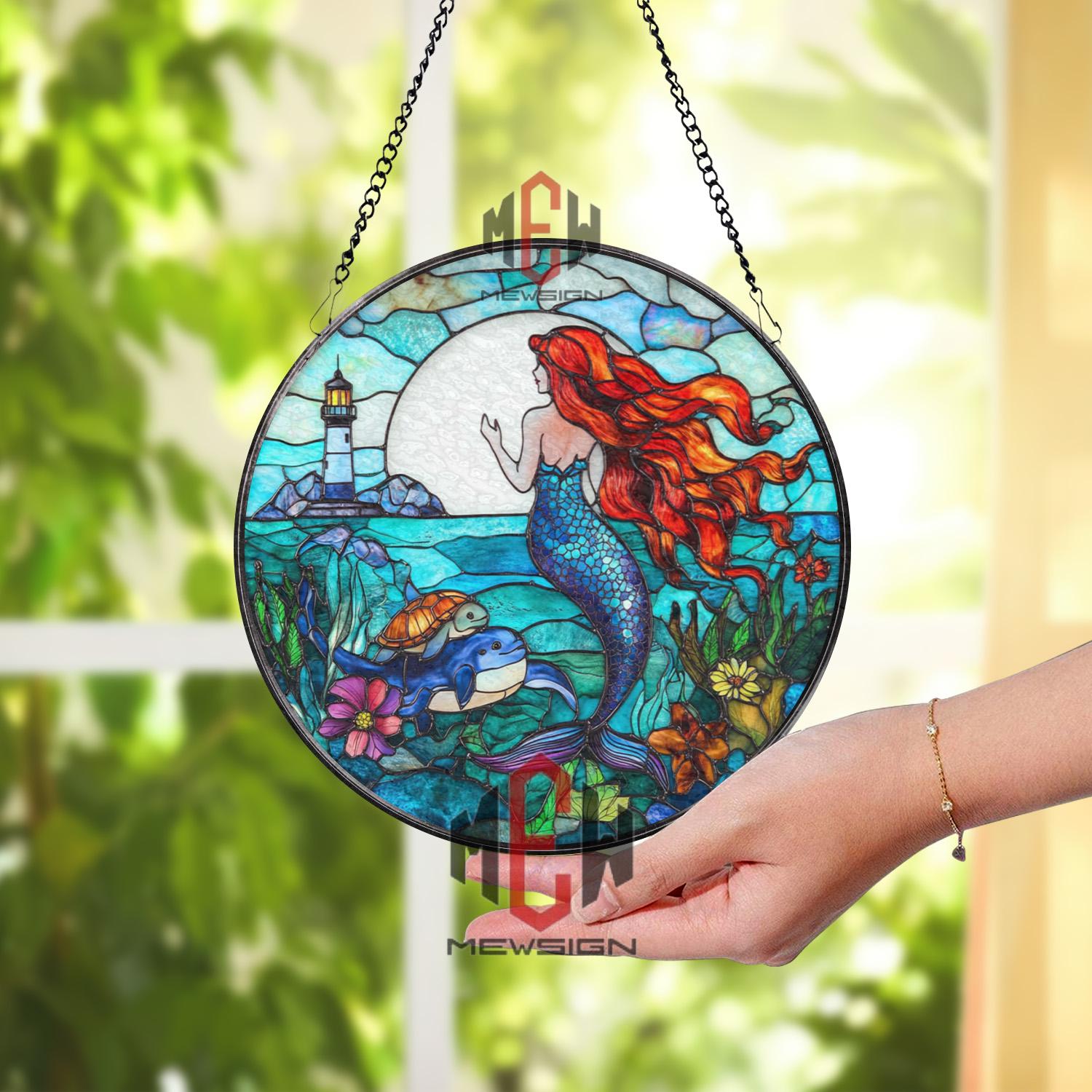 Mermaid Stained Glass Suncatcher, Ocean Fantasy Window Hanging