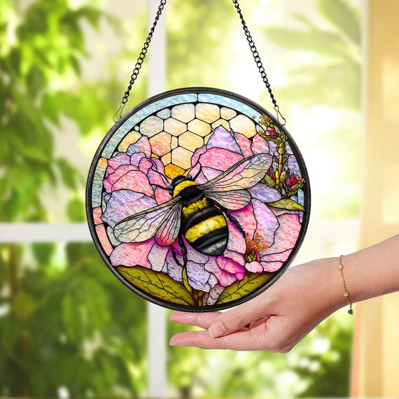 ミツバチのステンドグラス サンキャッチャー、ハニカム蜂の巣サン