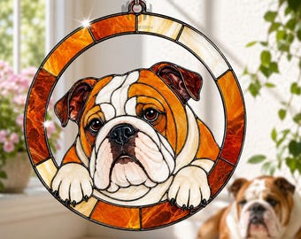 Bulldog Acrylic Suncatcher, Stained Glass Dog Window Hanging Decor, English Bulldog Sun Catcher, Dog Lover Gift, Pet Home Decor Artwork