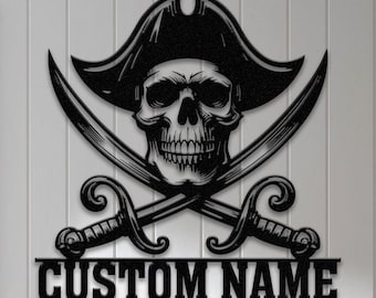 Anpassad piratskalle i metall med LED-ljus, personlig piratskeppsskylt, skelettheminredning, födelsedags- och inflyttningspresent