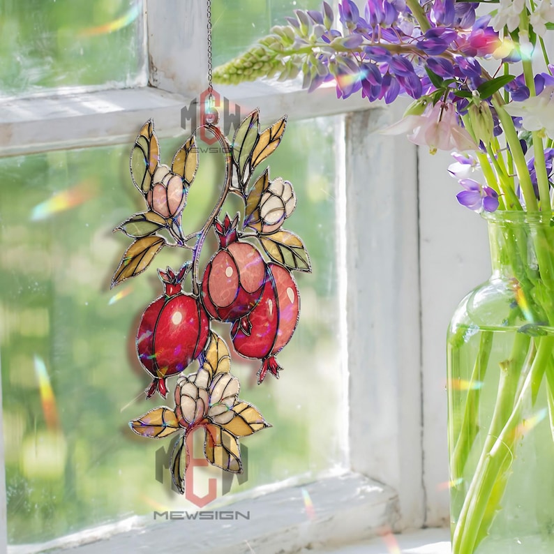 Pomegranate Acrylic Suncatcher, Red Fruit Window Hanging, Stained Glass ...