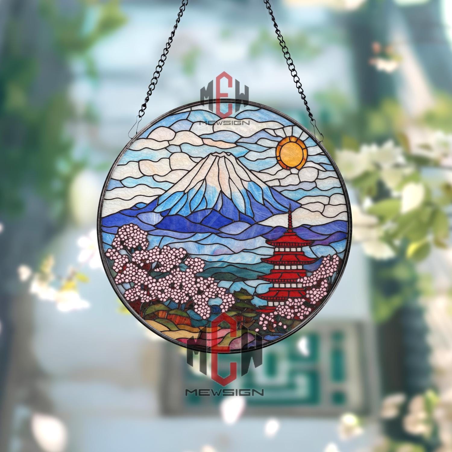 Mount Fuji Stained Glass Suncatcher, Japanese Pagoda Glass Art