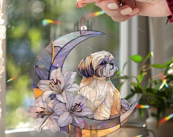 Personalized Shih Tzu Acrylic Suncatcher, Crescent Moon Lily Window Hanging, Floral Dog Memorial Gift, Pet Loss Ornament Decor
